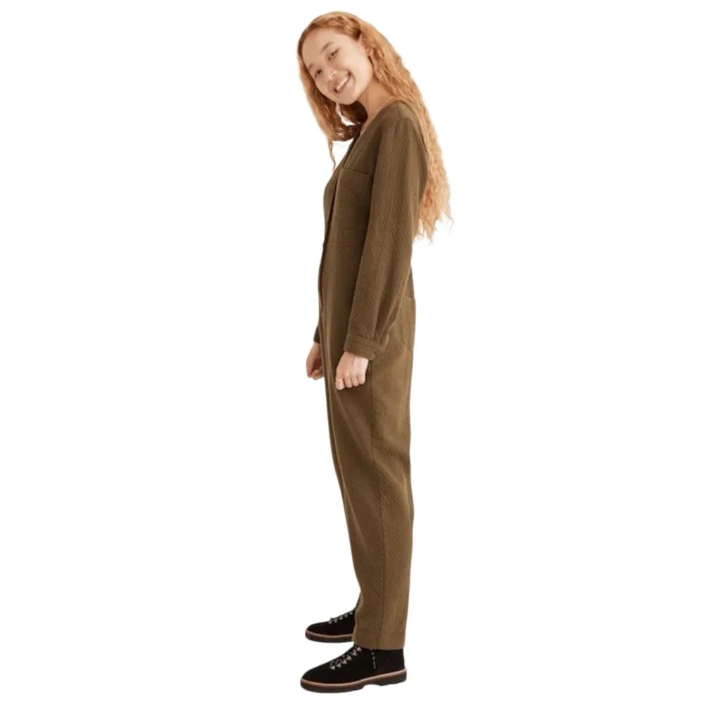 Madewell Olive Green Diamond Jacquard Button-Up Coverall Jumpsuit